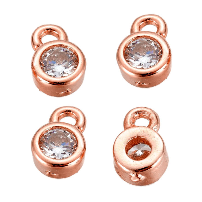 Small pendant with Cubic Zircon and loop, rose gold plated brass, 6x4x2mm, 4pcs