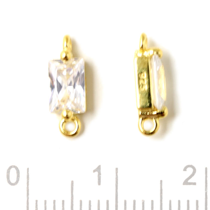 Link with rectangular zirconia, and 2 loops, gold-plated silver, 11,5x3x4mm, 2pcs