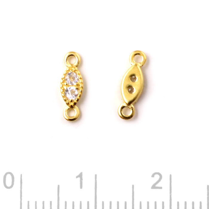 Connector link with Cubic Zircon and two loops, oval, gold plated silver, 9.5x3x2mm, 2pcs