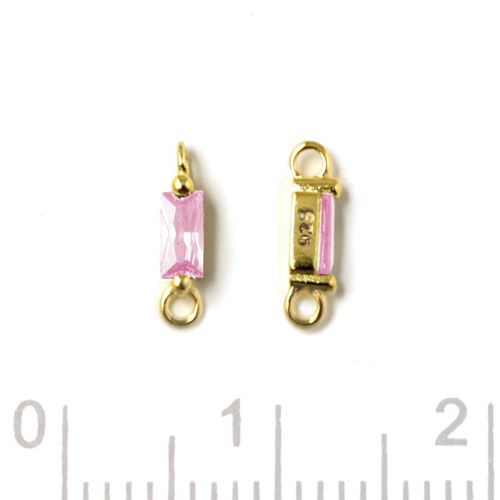 Small link with pink CZ, and 2 loops, gold plated silver, 9x2x2.5mm, 2pcs