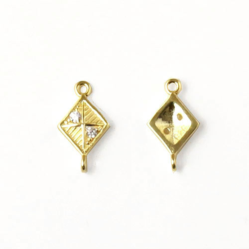 Connector with Cubic Zirkon, diamond-shape with two eyes, gold plated silver, 13x7mm, 1pc