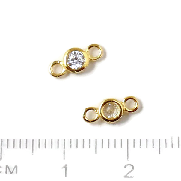 Connector with Cubic Zircon and two loops, gold plated silver, 9x4x3mm, 1pc