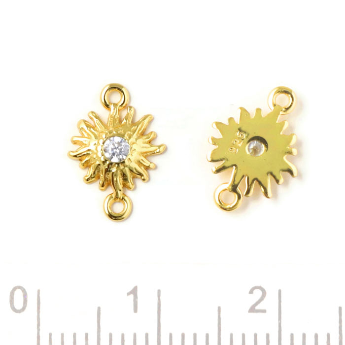 Jewelry link, flower with CZ in the center, 2 eyelets, gold-plated silver, 11,5x8x2mm, 1 pc
