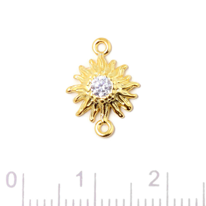 Jewelry link, flower with CZ in the center, 2 eyelets, gold-plated silver, 14x10x2,5mm, 1 pc