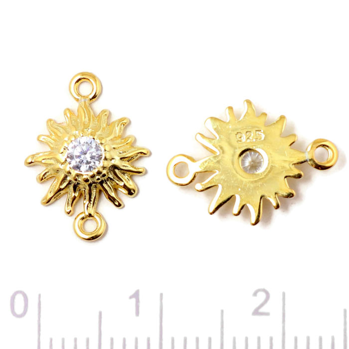 Jewelry link, flower with CZ in the center, 2 eyelets, gold-plated silver, 14x10x2,5mm, 1 pc