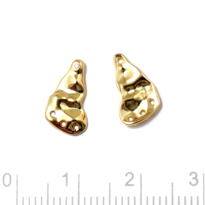 Pendant, uneven surface with 4 holes, shiny, gold-plated silver, 12x7mm, 2pcs