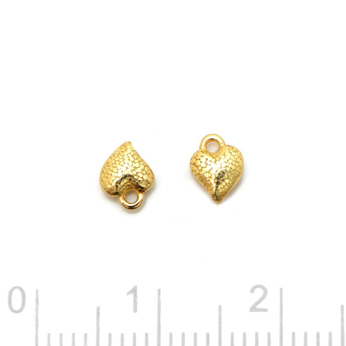 Small charm, hammered heart with loop, gold-plated silver, 5.5x4.5 mm, 2 pcs