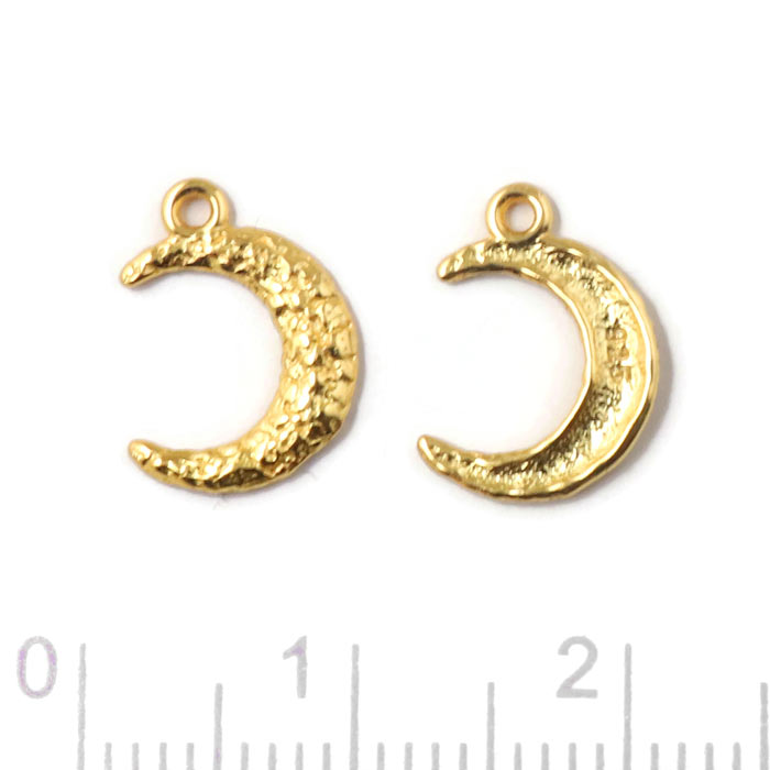 Pendant, crescent moon, hammered surface with 1 loop, gold-plated silver, 12x8.5 mm, 2 pcs