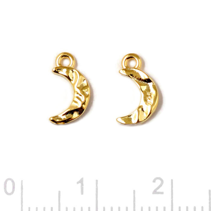 Pendant, crescent moon, uneven surface with two loops, gold-plated silver, 9,5x5 mm, 2 pcs