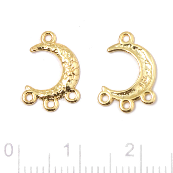 Pendant, crescent moon, hammered surface with 4 loops, gold-plated silver, 14x8.5 mm, 2 pcs