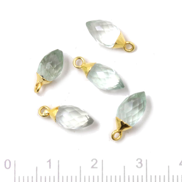 Pendant, drop with loop, clear green amethyst, gold plated silver, 14x6 mm, 1 pc