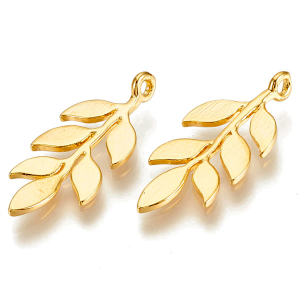 Twig pendant with simple leafs, gold plated brass, 25x11x1.5mm, 2pcs.