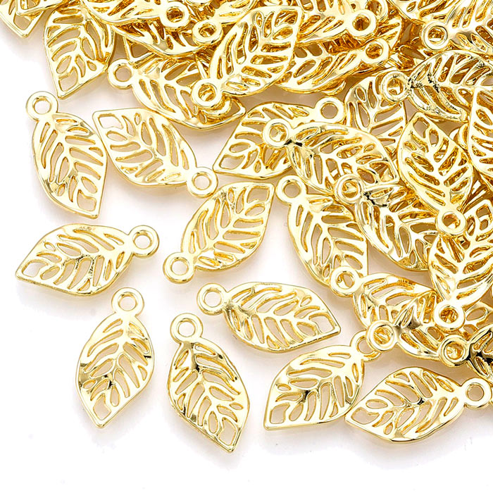 Leaf pendant, uneven, gilded brass, 18x9x2mm, 4pcs.