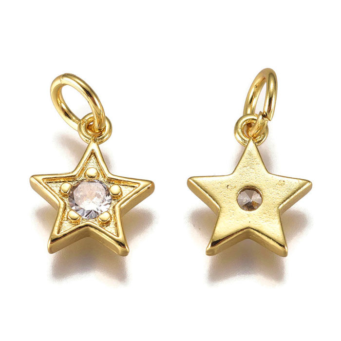 Star with eye and 1 zircon, gold-plated brass, pendant with loop, 10x9x2mm, 2 pcs.