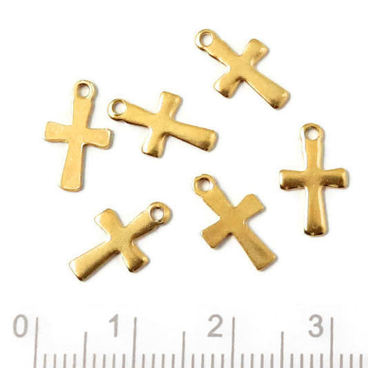 Cross pendant with eye, gilded steel, 12x7x1mm, 4pcs
