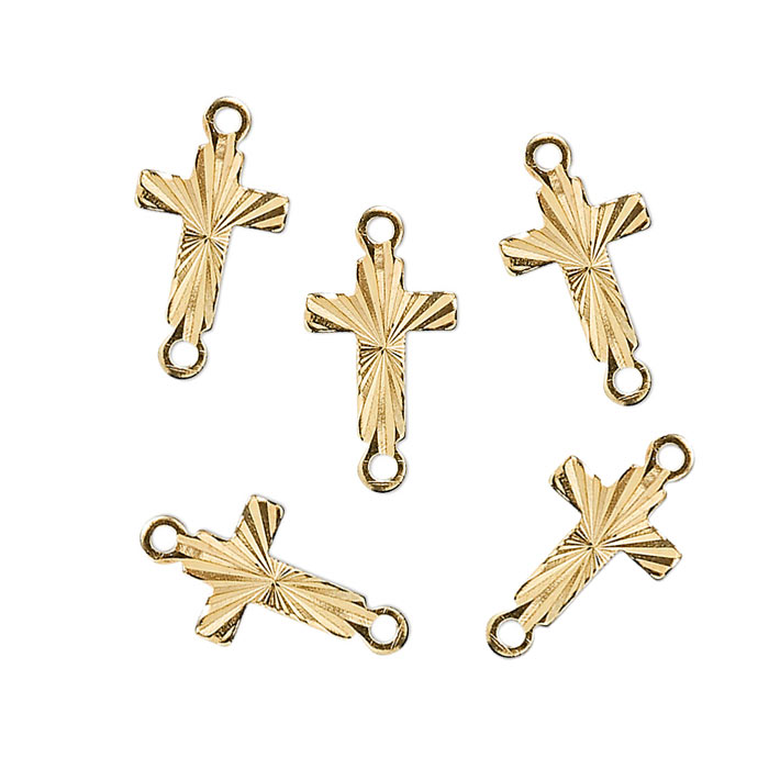 Cross link with facets and 2 loops, gilded brass, 13x7mm, 6pcs.