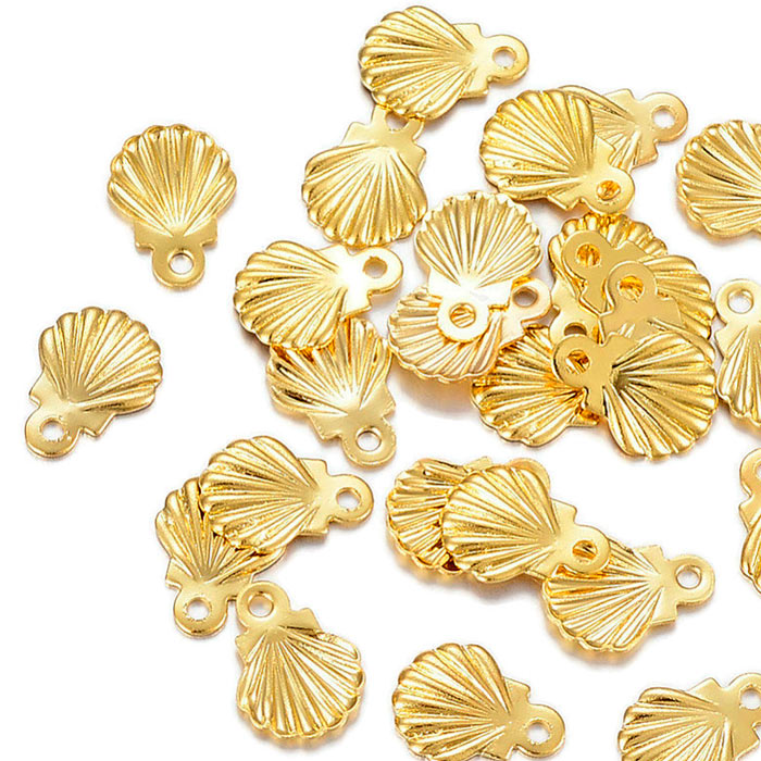 Shell pendant with loop, gilded steel, 7.5x5.5x0.8mm, 10pcs