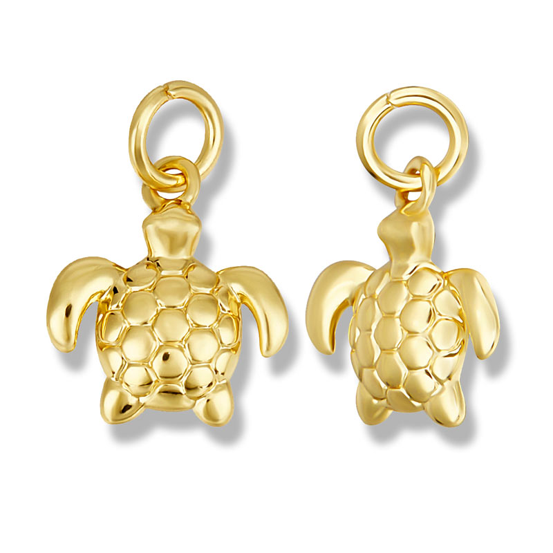 Sea turtle, small jewellery pendant, durable gold-plated brass, 12x11x2.5 mm, 2 pcs.
