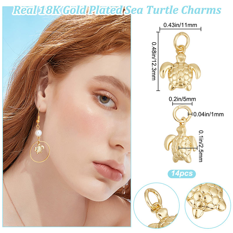 Sea turtle, small jewellery pendant, durable gold-plated brass, 12x11x2.5 mm, 2 pcs.