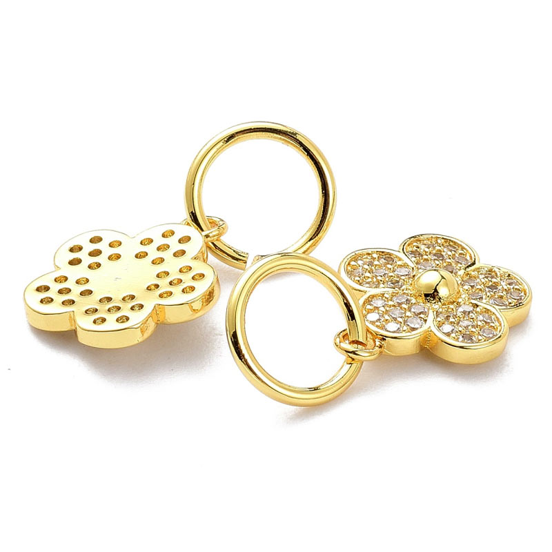 Flower with zirconia, gold-plated brass, pendant with eyelet, 15x13x3 mm, 2 pcs