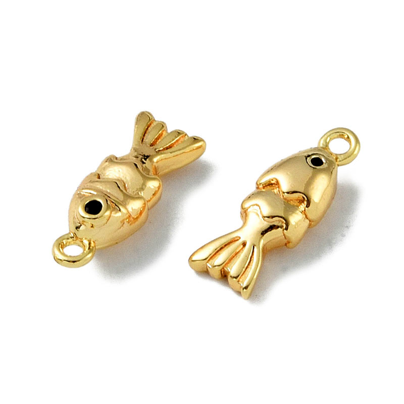 Fish, small pendant, strong gold-plated brass, 13x5x3.5 mm, hole 1.2 mm, 2 pieces.