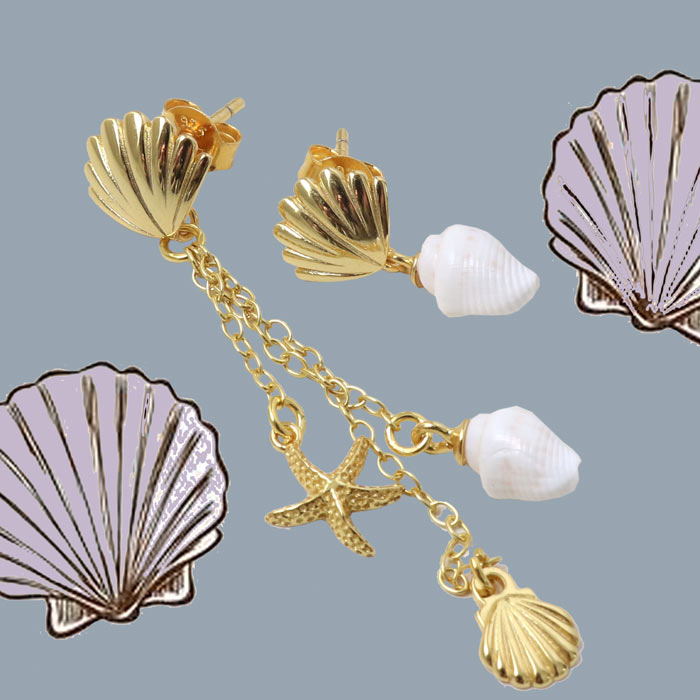 Ear stud, sea shell with closed loop, gold-plated silver, 10x9.5 mm, 2 pcs