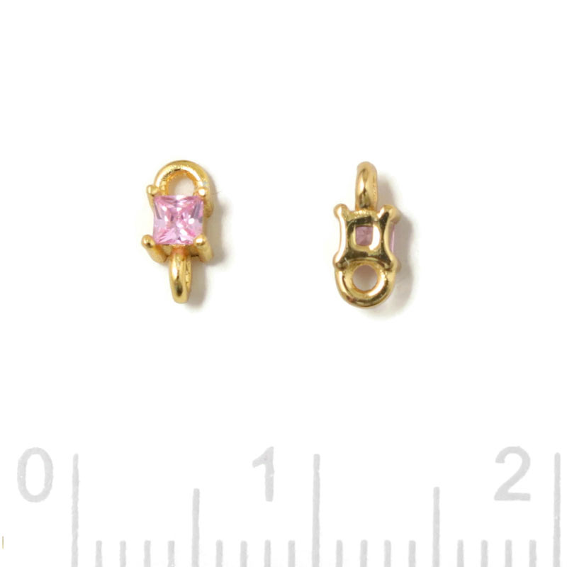 Small link, square shape zirconia with 2 loops, pink, gold-plated silver, 6x3x2.5mm, 2pcs