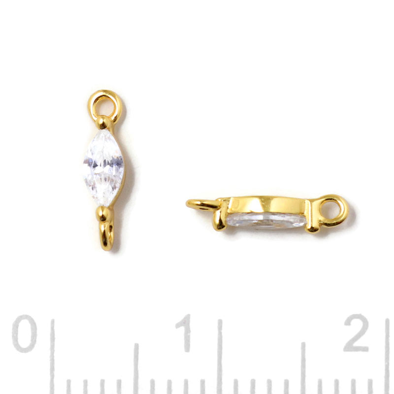 Small link, oval zirconia with 2 loops, clear, gold-plated silver, 9,5x2x2.5mm, 2pcs