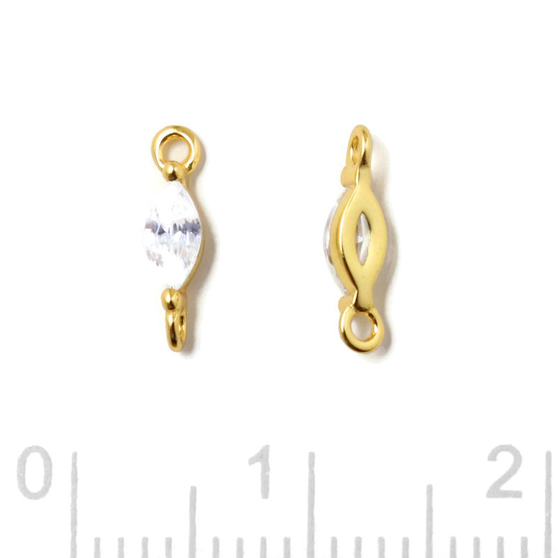 Small link, oval zirconia with 2 loops, clear, gold-plated silver, 9,5x2x2.5mm, 2pcs