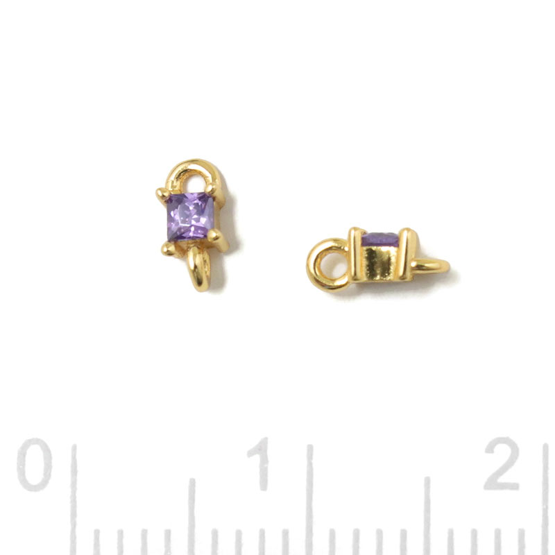 Small link, square shape zirconia with 2 loops, lilac, gold-plated silver, 6x3x2.5mm, 2pcs