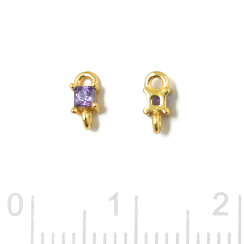 Small link, square shape zirconia with 2 loops, lilac, gold-plated silver, 6x3x2.5mm, 2pcs