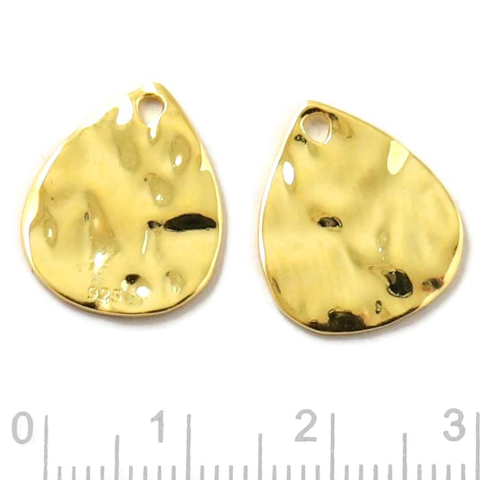 Pendant, uneven drop shape, flat, shiny, gold plated silver, 17x14mm, 2pcs