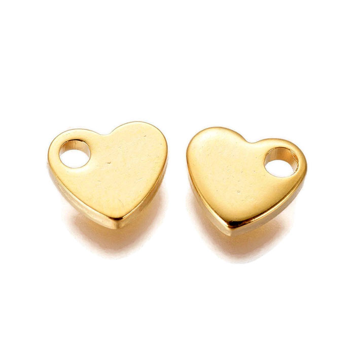 Heart pendant with hole, gilded steel, 6x7x1.5mm, hole size 1.6 mm, 6pcs
