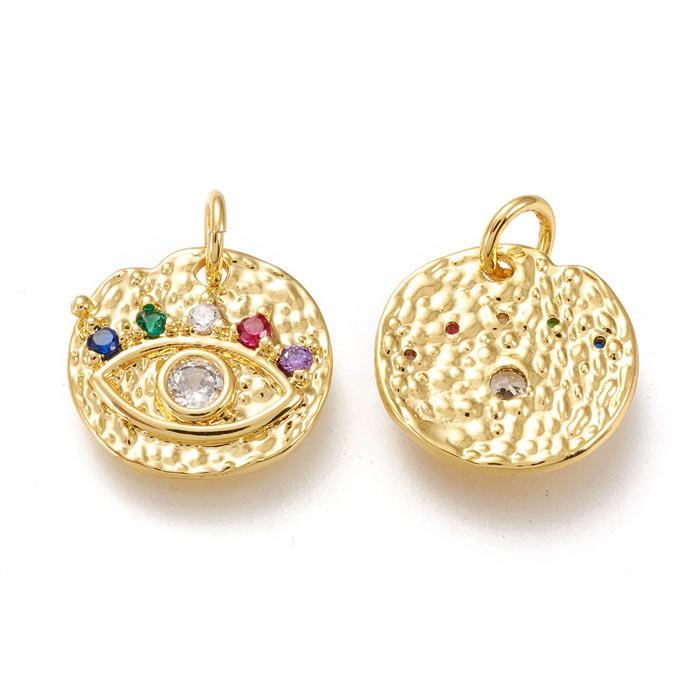 Pendant, hammered coin, eye and zircons, gold-plated brass, 13x13.5 mm, 1 pc