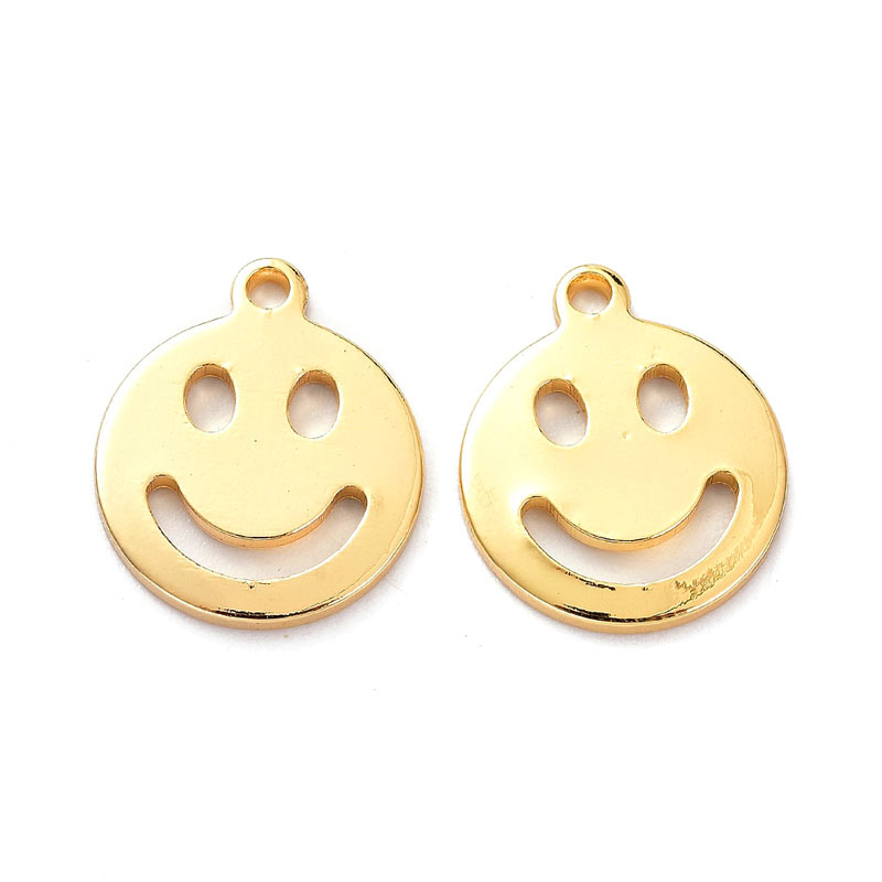Smiley pendant with loop, durable gold-plated brass, 13x11x1 mm, 2 pcs
