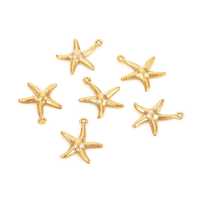 Starfish, pendant, gold-plated steel, 17.5x15 mm, 4 pcs
