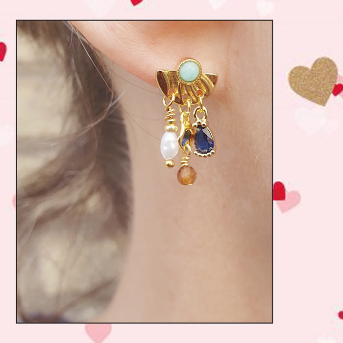 Ear studs, fan with Amazonite and 3-eyes, gold-plated silver, 10x7,5 mm, 2 pcs