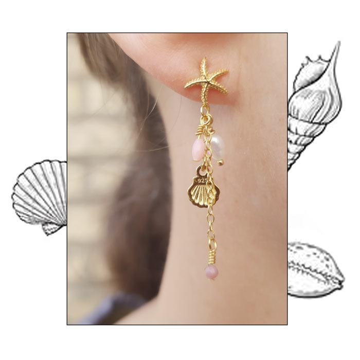 Ear stud, starfish with closed loop, 10x8,5 mm, sterling silver, 2 pcs.