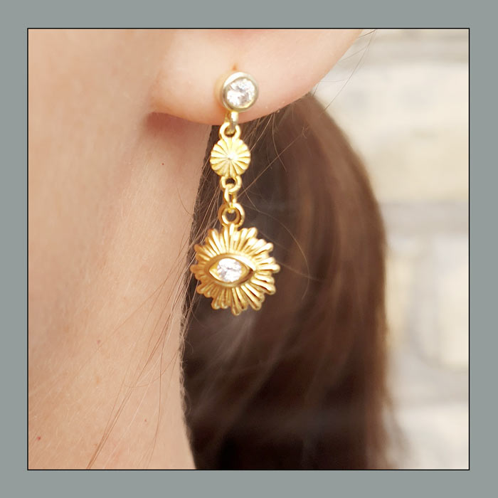 Earring with round zircon and open loop, silver, width 4.2 mm, 2 pcs