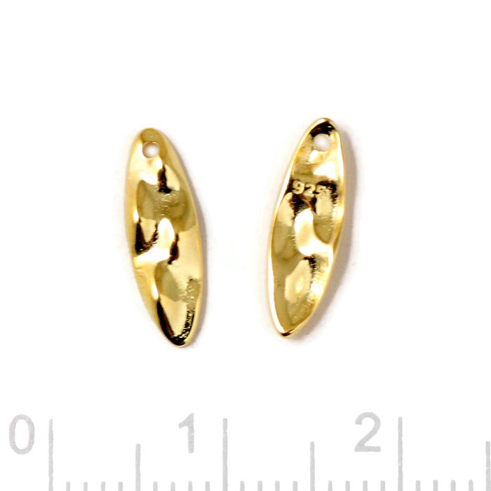 Pendant, uneven oblong oval, with 1 hole, gold-plated silver, 13x4x1,5 mm, 2 pcs