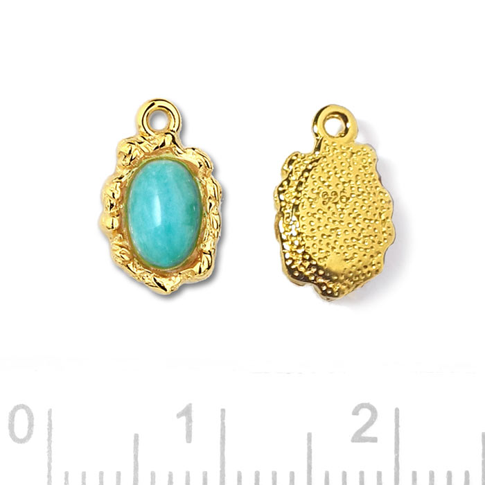 Charm, uneven socket with oval amazonite, gold plated silver, 11x7mm, 1 pc