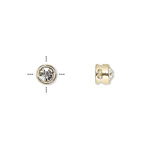 Bead with rhinestone, gilded brass, 6x5 mm, 2 pcs