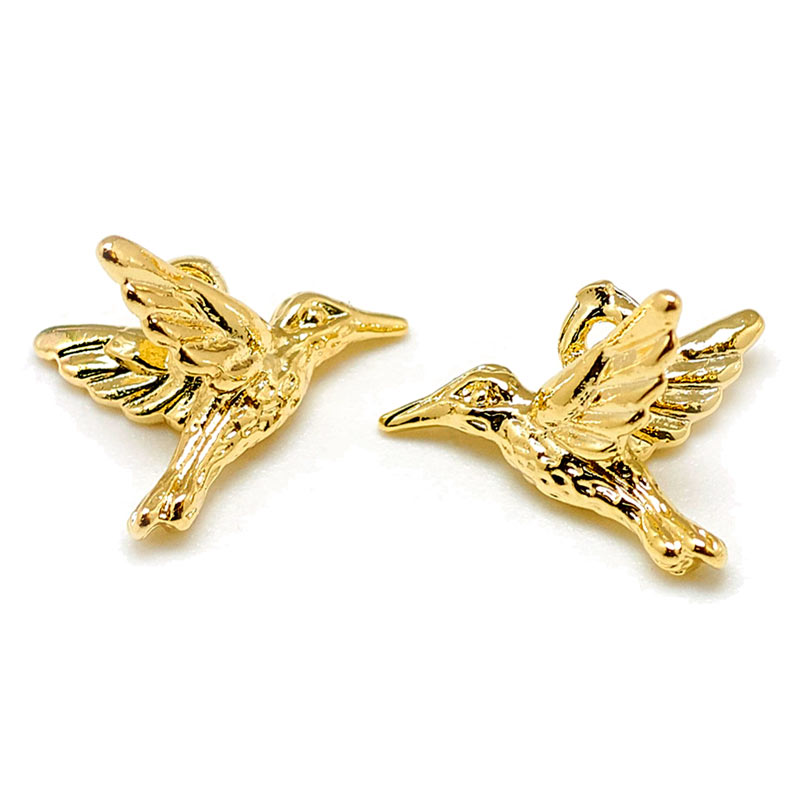 Hummingbird, small pendant, strong gold-plated brass, 8x11x7 mm, hole 1 mm, 2 pcs.