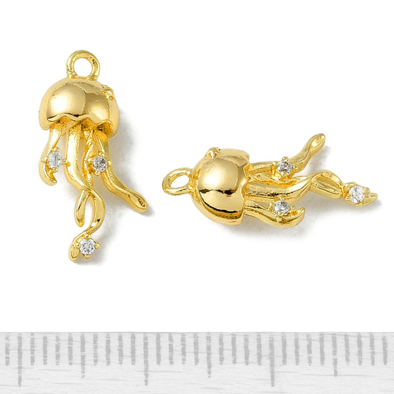 Jellyfish pendant, durable gold-plated brass, 17x9x5 mm, hole 1.2 mm, 2 pcs.