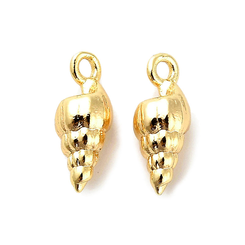 Spiral shell, small pendant, durable gold-plated brass, 11.5x5x4 mm, hole 1.4 mm, 2 pcs.