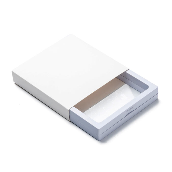 Display frame with clear PE stretch film, white plastic, with white cardboard box, 11x11x2 cm, 1 pc