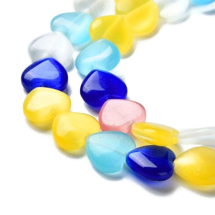 Cat eye beads, assorted colours, heart, 12 mm, 10 pcs