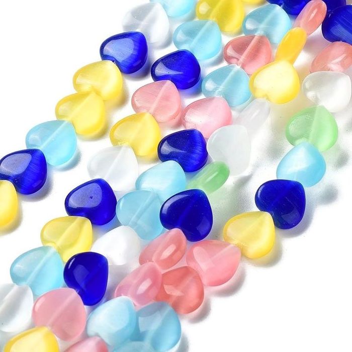 Cat eye beads, assorted colours, heart, 12 mm, 10 pcs