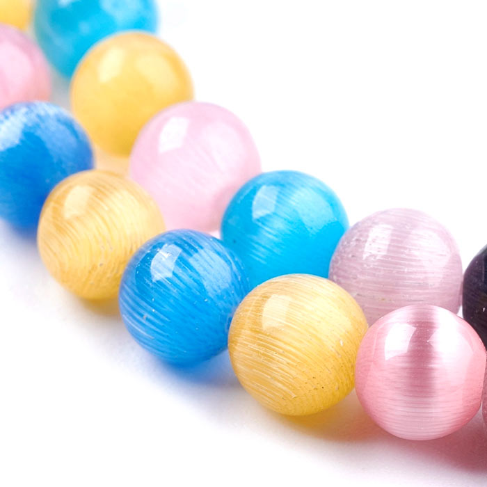 Cat eye beads, whole strand, multi pastel coloured, round, 6 mm, approx. 66 pieces