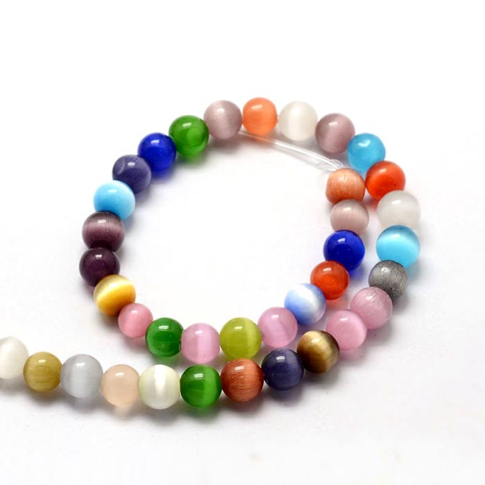 Cat eye beads, whole strand, multi coloured, round, 6 mm, approx. 66 pcs